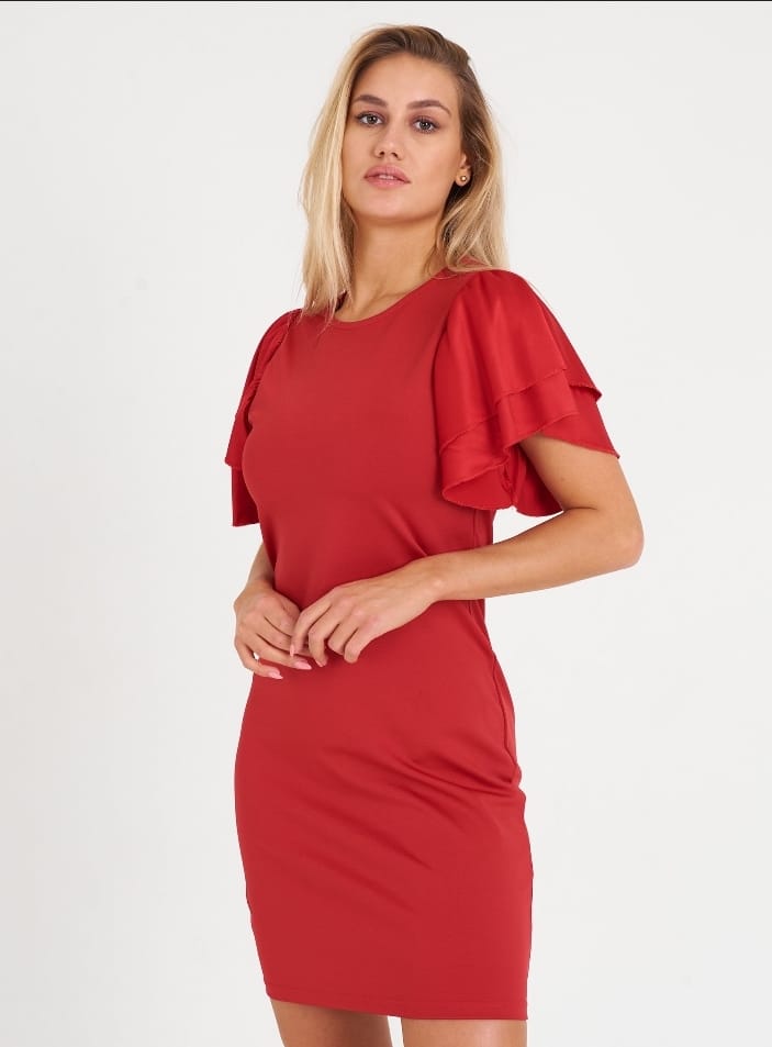 Red cup puffed sleeves dress