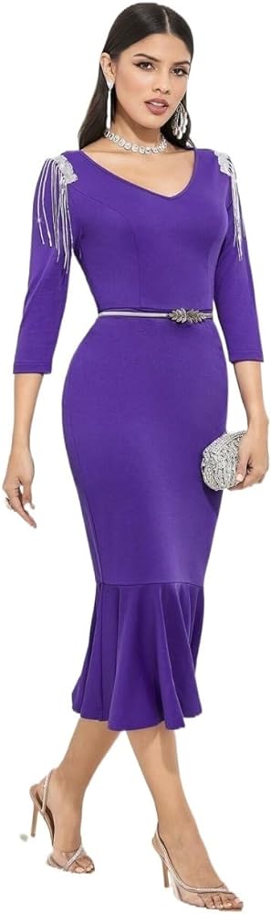 Purple dress with mermaid tail and fringe on sleeves