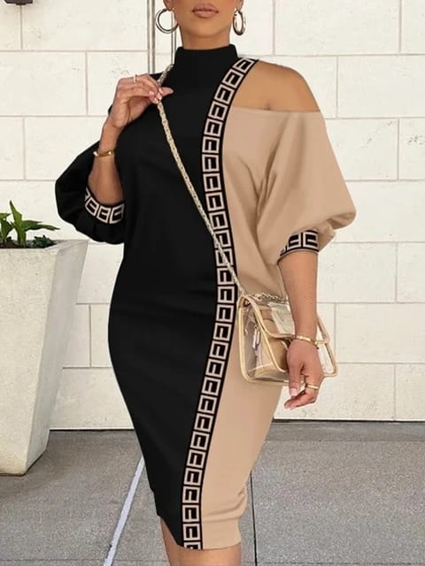 brown and black Turtle neck with off shoulder dress