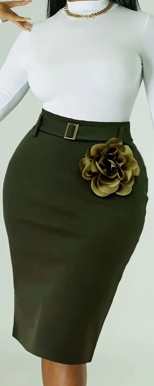 Flower Decor Belt Bodycon Skirt Elegant