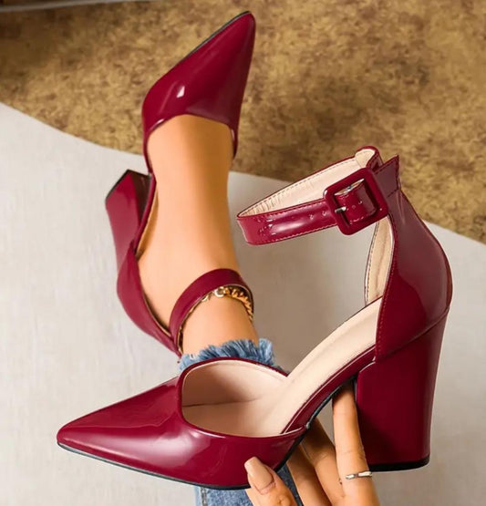 women solid Color Block Heels Fashion pointe  Dress Pumps Stylish Buckle